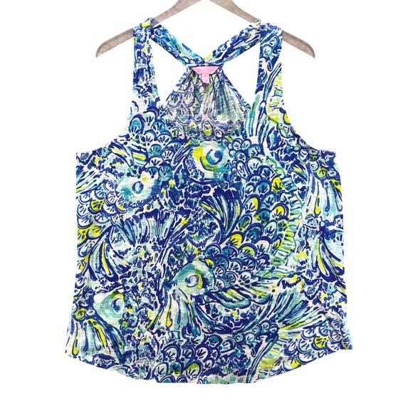Lilly Pulitzer Tops - Lilly Pulitzer‎ Tank Top XL Blue Green Fish Print Racerback 100% Cotton Vacation